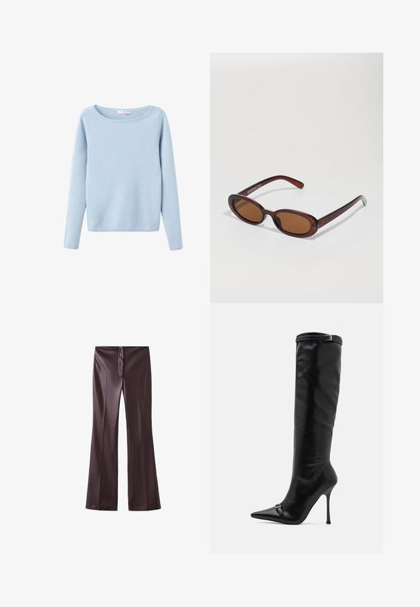 Světle modrý pletený svetr s dlouhým rukávem a širokým kulatým výstřihem, jednoduchý styl a žebrované manžety a lem.; Hnědé zvonové kalhoty vyrobené z hladké tkaniny s elegantním povrchem. Obsahují přední zip a čistý pas.; Simmi London PALACE - Vysoká obuv - black; Kulaté sluneční brýle hnědé barvy s lesklým burgundským rámem. Úzké nožičky s jemným logem. Rovné čočky.