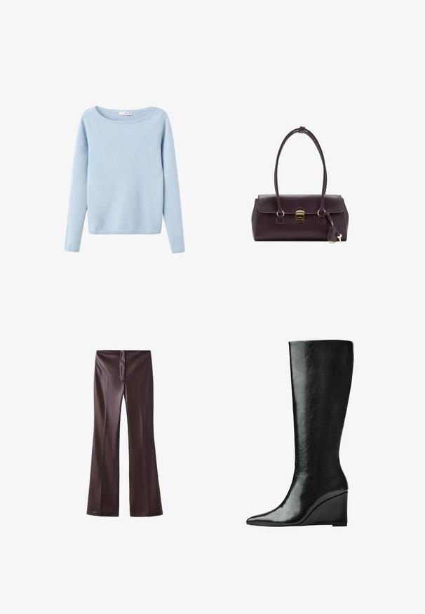 Svetlomodrý pletený sveter s dlhým rukávom a širokým okrúhlym výstrihom, jednoduchý štýl a ribbované manžety a spodný lem.; Hnedé rozšírené nohavice z hladkej tkaniny s elegantným povrchom. Majú predný zips a čistý pás.; Čierne kožené topánky po kolená s úzkym, špicatým nosom a klínovým podpätkom. Povrch je hladký s lesklým povrchom.; Bordo kožená kabelka so štruktúrovaným dizajnom, krátkymi rukoväťami, zlatým obdĺžnikovým uzáverom a odnímateľnou strapcovou dekoráciou.