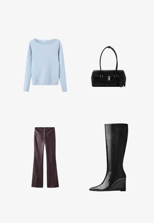 Jasnoniebieski dzianinowy sweter z długim rękawem, o szerokim okrągłym dekolcie, prosty fason oraz ściągacze przy mankietach i u dołu.; Brązowe spodnie w kształcie dzwonów wykonane z gładkiej tkaniny o eleganckim wykończeniu. Posiadają zamek błyskawiczny z przodu i czysty pas.; Czarne skórzane kozaki sięgające do kolan, z eleganckim, spiczastym noskiem i obcasem w kształcie klina. Powierzchnia jest gładka o błyszczącym wykończeniu.; Czarna skórzana torebka o gładkiej fakturze, usztywnionym fasonie, podwójnych uchwytach i srebrnym zapięciu na środku.