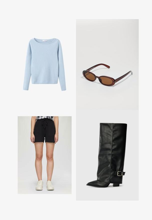 Hellblaues langärmliges Strickoberteil mit weitem Rundhalsausschnitt, schlichtem Stil und gerippten Bündchen und Saum.; Schwarze Baumwollmischung-Shorts mit zwei Seitentaschen, elastischem Bund und Kordelzug. Sanfte Textur, knielang, lockere Passform.; Schwarze Lederstiefeletten in Knöchellänge mit spitzem Zehenbereich, glatter Oberfläche und silberner Schnallenakzent an der Seite. Massiver, quadratischer Absatz.; Runde, braun getönte Sonnenbrillen mit einem glänzenden burgunderfarbenen Rahmen. Schlanke Bügel mit dezentem Branding. Flaches Linsendesign.