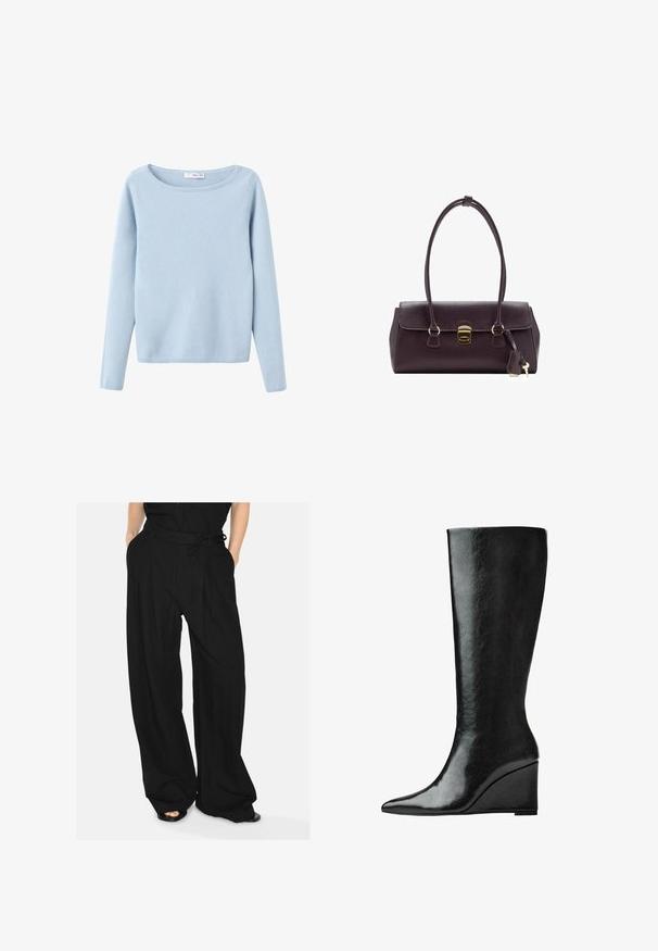 Light blue long-sleeve knit sweater with a wide round neckline, simple style, and ribbed cuffs and hem.; Black wide-leg trousers made of a lightweight fabric. Features a fitted waistband with a tied belt and front pleats for added detail.; Knee-high black leather boots with a sleek, pointed toe and a wedge heel. The surface is smooth with a glossy finish.; Maroon leather handbag with a structured design, short handles, a gold rectangular clasp, and a detachable tassel accent.