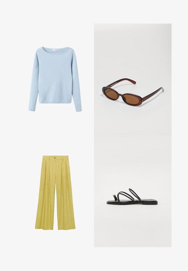 Pull en maille bleu clair à manches longues avec un large col rond, style simple, et côtes aux poignets et à l'ourlet.; Pantalons à jambe large en jaune clair, présentant un motif ribbé texturé, une taille haute avec une fermeture à bouton à l'avant et une coupe décontractée.; Call it Spring LUNAROSE - Sandales tongs - black; Lunettes de soleil rondes teinte brun avec une monture bordeaux brillante. Branches fines avec un détail de marque subtil. Design de verres plats.; Sac à main plissé jaune en simili cuir lisse, arborant une forme douce avec une bandoulière unique et un design froncé sur le dessus.; Montre à quartz Casio avec un cadran rectangulaire argenté, des accents en or et un bracelet en métal bicolore argent et or. Fonction étanche.