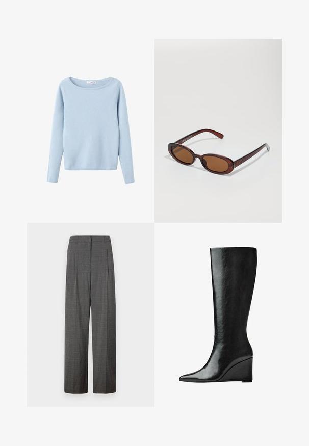 Pulover tricotat cu mânecă lungă, de culoare albastru deschis, cu un guler rotund lat, stil simplu, și manșete și tiv zimțat.; Vero Moda VMSIKITA WIDE DAD PANT - Pantaloni - medium grey/black; Cizme negre din piele, până la genunchi, cu vârf ascuțit și toc wedge. Suprafața este netedă, cu un finisaj lucios.; Ochelari de soare rotunzi, cu nuanțe de brown și cu un cadru lucios de burgund. Brațe subțiri cu detalii subtile de branding. Design cu lentile plate.