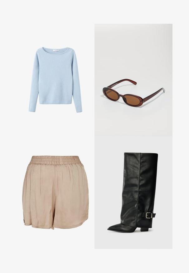 Lichtblauw, lange mouwen, gebreide trui met een brede ronde halslijn, eenvoudig stijl, en ribgebreide manchetten en onderrand.; Beige, lichte stoffen shorts met een elastische tailleband en een losse pasvorm, met een soepele textuur en een gebogen zoom.; Zwarte leren enkellange laarzen met een spitse neus, een gladde textuur en een zilveren gesps Accent aan de zijkant. Stevige vierkante hak.; Ronde, bruin getinte zonnebril met een glanzend bordeauxrood frame. Slanke pootjes met subtiele merkdetails. Vlakke lensontwerp.; Casio quartz horloge met een rechthoekige zilveren wijzerplaat, gouden accenten en een twee-kleurige metalen armband in zilver en goud. Waterdicht.