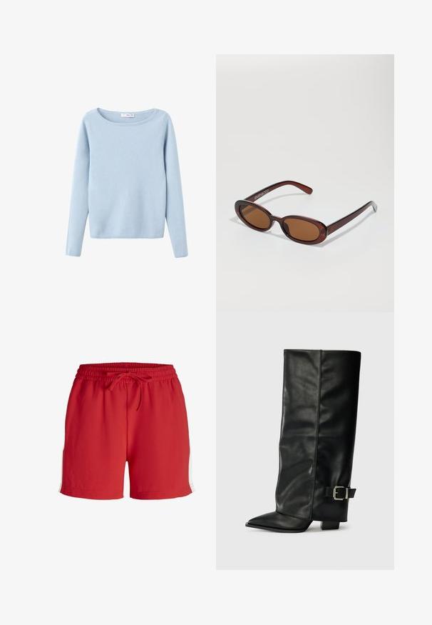 Lichtblauw, lange mouwen, gebreide trui met een brede ronde halslijn, eenvoudig stijl, en ribgebreide manchetten en onderrand.; Rode sportshorts van lichtgewicht materiaal, met een elastische tailleband met trekkoord en witte zijaccenten.; Zwarte leren enkellange laarzen met een spitse neus, een gladde textuur en een zilveren gesps Accent aan de zijkant. Stevige vierkante hak.; Ronde, bruin getinte zonnebril met een glanzend bordeauxrood frame. Slanke pootjes met subtiele merkdetails. Vlakke lensontwerp.