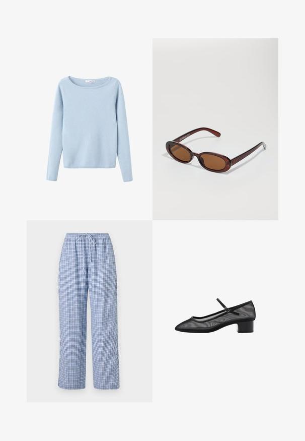 Light blue long-sleeve knit sweater with a wide round neckline, simple style, and ribbed cuffs and hem.; Blue checkered pajama pants with an elastic waistband and drawstring. Loose fit with a soft fabric texture. No pockets visible.; Black mesh pump with a pointed toe, small block heel, and a strap detail across the ankle. Features a smooth texture and minimalistic design.; Round, brown-tinted sunglasses with a glossy burgundy frame. Slim arms with subtle branding detail. Flat lens design.