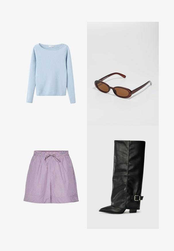 Vaaleansininen pitkähihaine neulepaita, jossa on leveä pyöreä kaula-aukko, yksinkertainen tyyli sekä joustavat hihansuut ja helma.; Raidalliset shortsit vaaleanpunaisia ja sinisiä, joissa on joustava vyötärö ja kiristysnauha. Omistaa leveän käänteen helmakohdassa ja väljän istuvuuden.; Musta nahkasaappaat nilkkapituudella, teräväkärkiset, sileällä pinnalla ja hopeisella soljella sivussa. Tukeva neliönmallinen korko.; Pyöreät, ruskehtavat aurinkolasit, joissa on kiiltävä burgundinpunainen runko. Kapeat sivut, joissa on hienovarainen brändäys. Litteät linssit.; Casio kvartsikellolla on suorakulmainen hopea-taulu, jossa on kultaisia yksityiskohtia, sekä kaksivärinen metalliranneke, joka on hopea- ja kultasävyinen. Vesi- ja kosteudenkestävä ominaisuus.