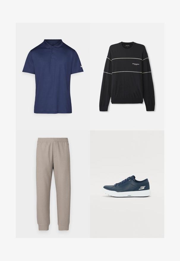 Tamsiai mėlyna megztinis su ilgomis rankovėmis, turintis baltas horizontaliąsias juosteles ir logotipą kairiajame krūtinės kampe. Raštuoti rankogaliai ir apvadas.; Tamsiai mėlynas polo marškinėliai, pagaminti iš lygaus audinio, su apykakle, trijų mygtukų užsegimu ir mažu baltu logotipu ant kairiojo rankovės.; Smėlio spalvos siaurėjantys sportinės kelnės iš minkštos medžiagos su elastinga liemeniu ir subtiliu tekstūriniu raštu visame paviršiuje. Sukurta patogumui ir universalumui.; Tamsiai mėlyni sportbačiai su lygiu sintetiniu viršumi, paminkštintu užkulniu ir baltu padu. Šone yra logotipas, o lygūs raišteliai užtikrina tvirtą prigludimą.