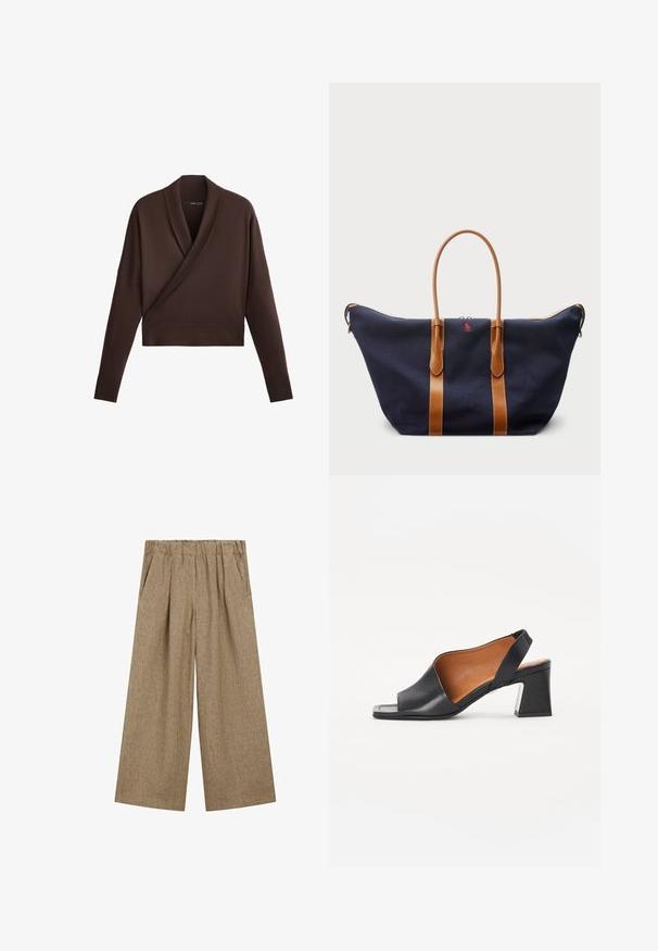 Hnědý krátký svetr s překládaným designem, širokými rukávy a měkkým texturovaným povrchem. Obsahuje hluboký výstřih do V a ribbovaný lem.; Široké kalhoty v světle hnědé látce s texturovaným povrchem, se širokým elastickým pasem a bočními kapsami.; Černá kožená otevřená sandálová bota s čtveratým podpatkem a hnědým interiérem. Má zakřivený design svršku a texturovanou podrážku.; Námořnická plátěná taška typu duffel s hnědými koženými popruhy, se zipovým uzávěrem a malým červeným logem na přední straně, s širokým a prostorným designem.