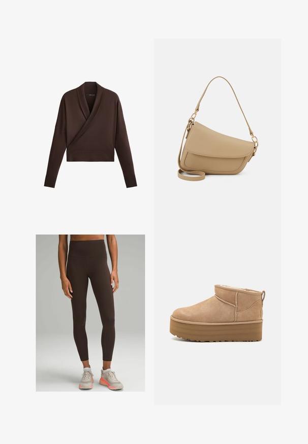 Brown cropped sweater with a wrap design, wide sleeves, and a soft, textured finish. Features a deep V-neck and ribbed hem.; lululemon WUNDER TRAIN HIGH-RISE 64CM - Leggings - espresso; Beige suede ankle boots with a plush interior, featuring a platform sole and a pull tab at the back for easy wear. Textured rubber outsole.; Even&Odd Handbag - beige