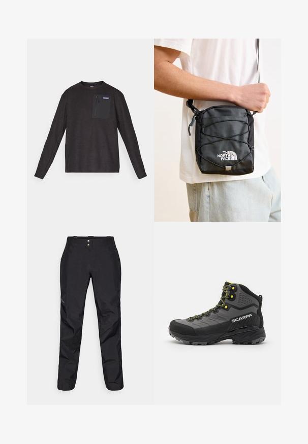 Čierny mikina s dlhým rukávom a okrúhlym výstrihom, vyrobená z fleecej s textúrovanou látkou a so zipsovým vreckom na hrudi s logom Patagonia.; Čierne nepremokavé nohavice s hladkou textúrou, vybavené dvoma prednými gombíkmi a zúženým strihom. Ozdobené logom na boku.; Čierne a šedé turistické topánky s textúrovanou látkou, jasne žltými akcentami, zosilnenou špičkou a gumovou podrážkou s hlbokými drážkami pre trakciu.; Čierna nylonová taška cez telo s textúrovaným povrchom, nastaviteľným popruhom a detailmi zo bungee šnúry. Obsahuje logo "The North Face" v bielej farbe.