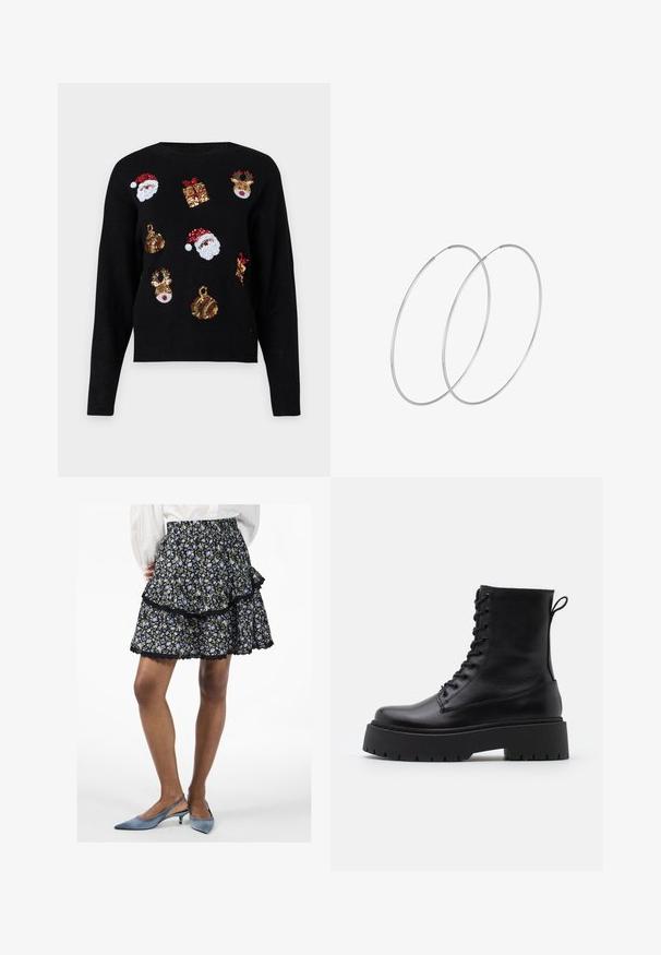 Juodas megztinis su ilgomis rankovėmis, puošiamas šventiniais raštais: Kalėdų Senelio veidais, dovanų dėžutėmis ir ornamentais, pagamintais iš raudonų, žalių, auksinių ir baltų blizgučių.; Juoda gėlių sijonas su sluoksniuota struktūra, puošniu mėlynų ir geltonų gėlių raštu. Suapvalintos kraštinės ir elastinė juosmuo užtikrina patogų prigludimą.; Juodos odinės aulinukės su apvalia nosimi, raišteliais priekyje ir storesniu guminio pado apačioje su tekstūruotu raštu. Priekyje yra kilputė.; Sidabrinės pusmėnulio auskarai minimalistiniu dizainu. Apskritimo forma, lygus paviršius ir plonas profilis. Lengvi su poliruotu apdailu.