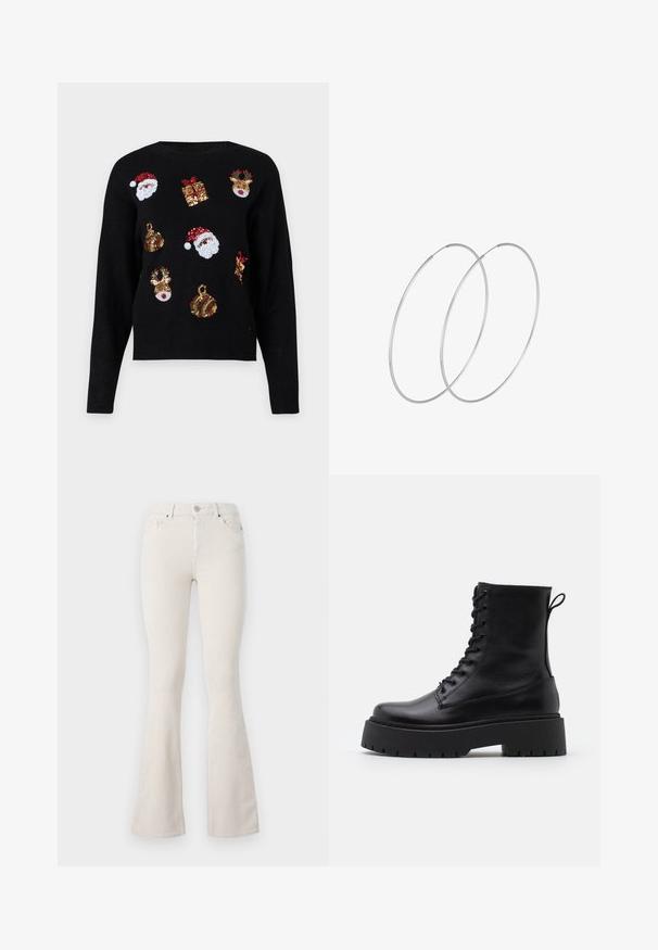 Crna dukserica dugih rukava s blagdanskim motivima: lica Djeda Mraza, kutije s poklonima i ukrase u crvenim, zelenim, zlatnim i bijelim šljokicama.; Bežani kord pantaloni šišmiš kroja s visokim strukom, s metalnim kopčanjem, petljama za remen i vidljivom rebrastom teksturom kroz cijeli materijal.; Crne kožne gležnjače s okruglim vrhom, vezanjem sprijeda i debelim gumenim potplatom s teksturiranim uzorkom. Tipa: traka za vuču na stražnjoj strani.; Srebrne okrugle naušnice s minimalističkim dizajnom. Kružni oblik, glatka tekstura i tanak profil. Lagane s poliranim završetkom.