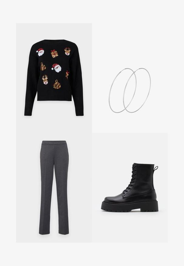 Čierny sveter s dlhými rukávmi s tematickými vzormi: tváre Santa Clausa, darčekové krabice a ozdoby pokryté červenými, zelenými, zlatými a bielymi flitrami.; Sivé nohavice so strižkom rovného strihu, hladkou textúrou a širokým pásom. Obsahujú bočné vrecká pre praktickosť.; Čierne kožené členkové topánky s okrúhlou špičkou, šnurovaním vpredu a hrubou gumovou podrážkou s textúrovaným vzorom. Sťahovací pútko na zadnej strane.; Strieborné kruhové náušnice s minimalistickým dizajnom. Cirkulárny tvar, hladký povrch a tenký profil. Ľahké s lesklým povrchom.