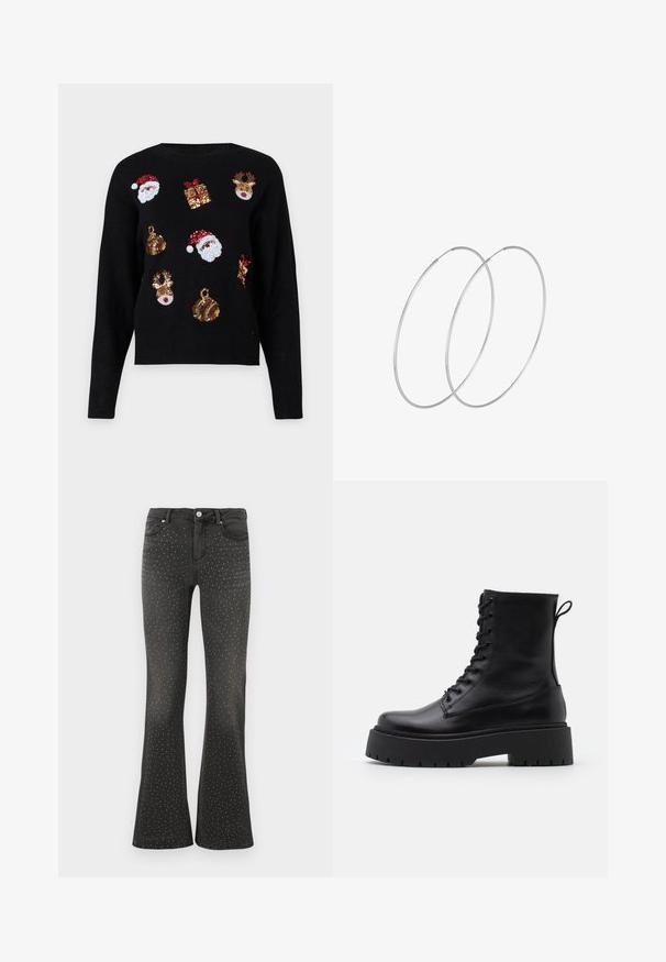 Melna džemperis ar garajām piedurknēm, kas rotāts ar svētku dizainu: Ziemassvētku vecīša sejas, dāvanas un ornaments, kas izšūti ar sarkaniem, zaļiem, zeltainiem un baltiem sekunām.; Melnas flared džinses no denima, ar baltiem kniedēm visā apjomā. Augsta jostasvieta ar standarta piecu kabatu stilu un rāvējslēdzēja aizdari.; Melni ādas potītēm zābaki ar apļveida purngalu, auklām priekšpusē un biezu gumijas zoli ar teksturētu protektoru. Velkšanas cilpa aizmugurē.; Sudraba gredzenveida auskari ar minimālistisku dizainu. Cirkulāra forma, gluda tekstūra un plāns profils. Vieglu svaru ar spīdīgu apdari.