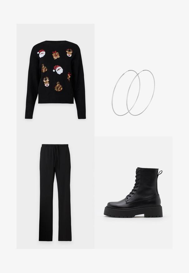 Črna pulover s dolgimi rokavi, ki ima praznične vzorce: obraze Svetega Miklavža, škatle za darila in okraske v rdečih, zelenih, zlatih in belih bleščicah.; Črne trenirke z ohlapnim krojem, narejene iz mehkega blaga, z elastičnim pasom in vrvico ter brez vidnih žepov.; Črne usnjene gležnjarje z okroglo konico, vezalnim sprednjim delom in debelim gumijastim podplatom z teksturiranim profilom. Zanka na hrbtni strani.; Srebrne uhane v obliki obroča z minimalističnim dizajnom. Krožna oblika, gladka tekstura in tanek profil. Lahki s poliranim zaključkom.