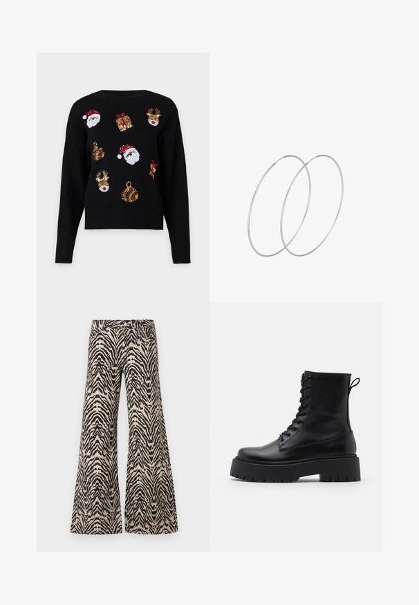 Must aga pikkade varrukatega, millel on pidulikke kujundusi: Jõuluvana näod, kingikarbid ja kaunistused punastes, roheline, kuldsetes ja valgetes sädelustes.; Laiad püksid, mis on valmistatud beeži ja musta zebra mustriga kangast, millel on kõrge talje ja traditsiooniline viie tasku disain.; Mustad mustad nahast pahkluu saapad ümarate varvastega, nööridega esiosas ja paksu kummist talla ning tekstuuritud mustriga. Tagumine tõmbeaas.; Hõbedased rõngastikkaehingad minimalistlikus disainis. Ümar kuju, sile tekstuur ja õhuke profiil. Kerged ning poleeritud viimistlusega.