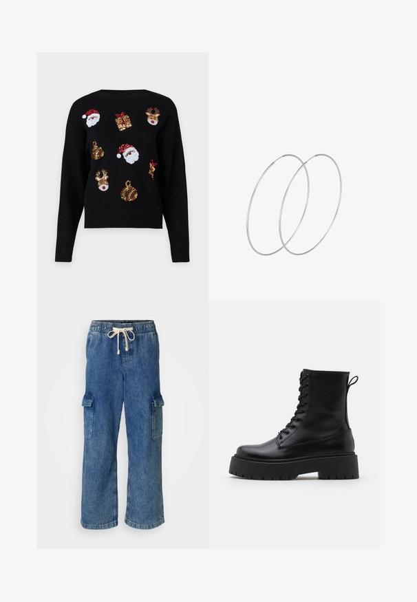 Juodas megztinis su ilgomis rankovėmis, puošiamas šventiniais raštais: Kalėdų Senelio veidais, dovanų dėžutėmis ir ornamentais, pagamintais iš raudonų, žalių, auksinių ir baltų blizgučių.; Mėlynos džinsinės cargo kelnės su elastine juosmena ir raišteliu, turinčios dvi dideles šonines kišenes ir plačių kojų dizainą.; Juodos odinės aulinukės su apvalia nosimi, raišteliais priekyje ir storesniu guminio pado apačioje su tekstūruotu raštu. Priekyje yra kilputė.; Sidabrinės pusmėnulio auskarai minimalistiniu dizainu. Apskritimo forma, lygus paviršius ir plonas profilis. Lengvi su poliruotu apdailu.