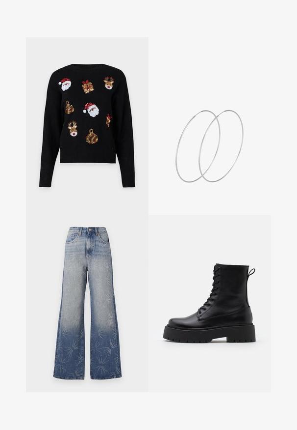 Melna džemperis ar garajām piedurknēm, kas rotāts ar svētku dizainu: Ziemassvētku vecīša sejas, dāvanas un ornaments, kas izšūti ar sarkaniem, zaļiem, zeltainiem un baltiem sekunām.; Platas kājas džinsi gaiši zilos denimos, ar sudraba zvaigžņu izplūduma rakstiem. Augsta jostasvieta ar pogu aizdari un klasisko piecu kabatu dizainu.; Melni ādas potītēm zābaki ar apļveida purngalu, auklām priekšpusē un biezu gumijas zoli ar teksturētu protektoru. Velkšanas cilpa aizmugurē.; Sudraba gredzenveida auskari ar minimālistisku dizainu. Cirkulāra forma, gluda tekstūra un plāns profils. Vieglu svaru ar spīdīgu apdari.