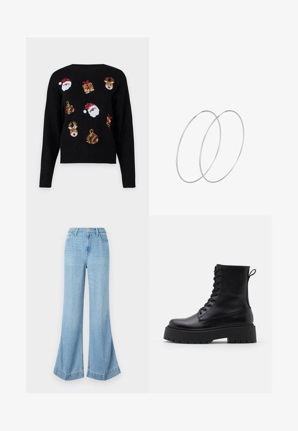 Čierny sveter s dlhými rukávmi s tematickými vzormi: tváre Santa Clausa, darčekové krabice a ozdoby pokryté červenými, zelenými, zlatými a bielymi flitrami.; Svetlomodré džínsy s širokými nohavicami, vysokým pásom a zapínaním na gombíky, s čistým povrchom a rozšírenými spodnými okrajmi so štrbinami na bokoch.; Čierne kožené členkové topánky s okrúhlou špičkou, šnurovaním vpredu a hrubou gumovou podrážkou s textúrovaným vzorom. Sťahovací pútko na zadnej strane.; Strieborné kruhové náušnice s minimalistickým dizajnom. Cirkulárny tvar, hladký povrch a tenký profil. Ľahké s lesklým povrchom.