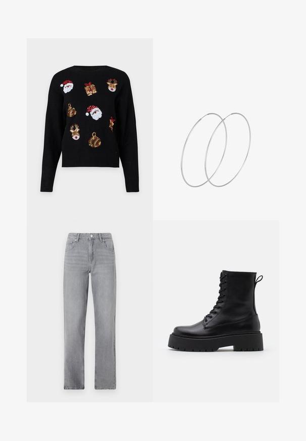 Črna pulover s dolgimi rokavi, ki ima praznične vzorce: obraze Svetega Miklavža, škatle za darila in okraske v rdečih, zelenih, zlatih in belih bleščicah.; Sive ravne kavbojke z žepi spredaj, z gumbom za zapiranje in klasičnim krojem, prikazane na enostavni beli ozadju.; Črne usnjene gležnjarje z okroglo konico, vezalnim sprednjim delom in debelim gumijastim podplatom z teksturiranim profilom. Zanka na hrbtni strani.; Srebrne uhane v obliki obroča z minimalističnim dizajnom. Krožna oblika, gladka tekstura in tanek profil. Lahki s poliranim zaključkom.