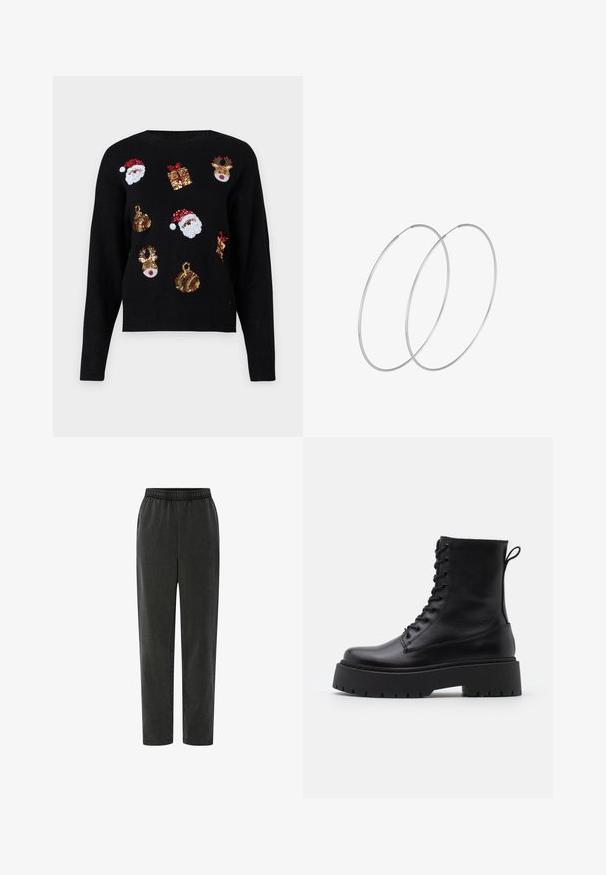 Zwarte trui met lange mouwen, versierd met feestelijke ontwerpen: Santa gezichten, cadeauboxen en versieringen in rode, groene, gouden en witte sequins.; Zwarte taps toelopende broek met een elastische tailleband, gemaakt van zachte stof, met zijnaad en een gladde textuur. Geen zichtbare patronen of accenten.; Zwarte leren enkelboots met een ronde neus, vetersluiting aan de voorkant en een dikke rubberen zool met een gestructureerd profiel. Trekbandje aan de achterkant.; Zilveren hoepel oorbellen met een minimalistisch ontwerp. Cirkelvormig, gladde textuur en dun profiel. Lichtgewicht met een gepolijste afwerking.