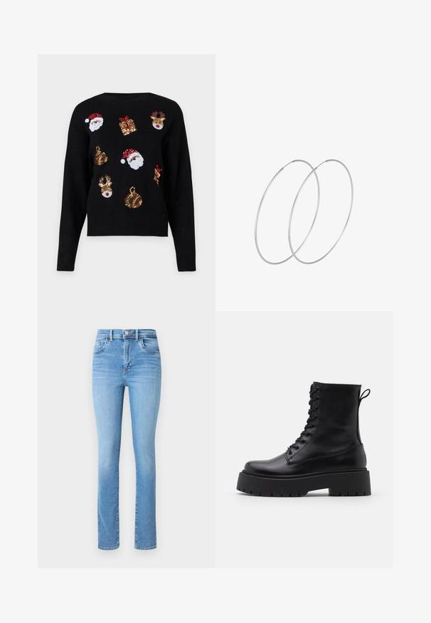Crna dukserica dugih rukava s blagdanskim motivima: lica Djeda Mraza, kutije s poklonima i ukrase u crvenim, zelenim, zlatnim i bijelim šljokicama.; Svijetloplave traperice sa ravnim nogavicama, visokim strukom, tradicionalnim pet džepovima i suptilnim detaljima izblijeđenosti.; Crne kožne gležnjače s okruglim vrhom, vezanjem sprijeda i debelim gumenim potplatom s teksturiranim uzorkom. Tipa: traka za vuču na stražnjoj strani.; Srebrne okrugle naušnice s minimalističkim dizajnom. Kružni oblik, glatka tekstura i tanak profil. Lagane s poliranim završetkom.