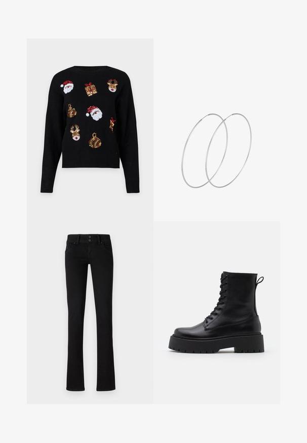 Crna dukserica dugih rukava s blagdanskim motivima: lica Djeda Mraza, kutije s poklonima i ukrase u crvenim, zelenim, zlatnim i bijelim šljokicama.; Crne slim-fit traperice s dva prednja džepa, petljama za pojas i dvostrukim kopčanjem, prikazane na jednostavnoj bijeloj pozadini.; Crne kožne gležnjače s okruglim vrhom, vezanjem sprijeda i debelim gumenim potplatom s teksturiranim uzorkom. Tipa: traka za vuču na stražnjoj strani.; Srebrne okrugle naušnice s minimalističkim dizajnom. Kružni oblik, glatka tekstura i tanak profil. Lagane s poliranim završetkom.