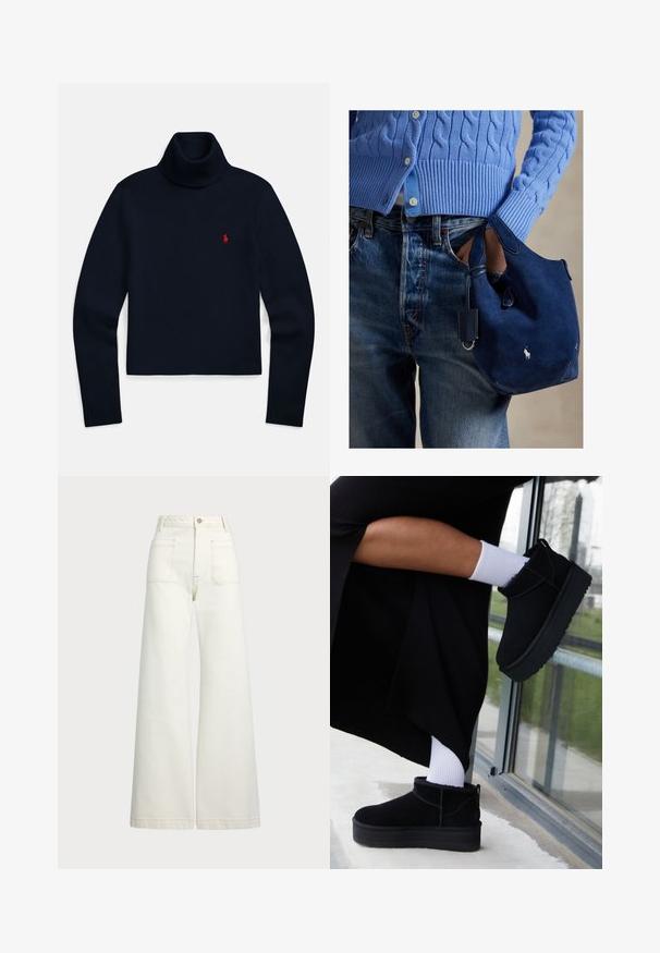 Navy blue long-sleeve turtleneck sweater with a small red embroidered logo on the left chest.; Wide-leg jeans in off-white denim. High-waisted design with a button closure, two front pockets, and contrast stitching details.; Black suede ankle boots with a flat sole, featuring a back pull tab, worn with white ankle socks against a minimalist background.; Navy suede handbag with soft texture, dual handles, and a small attached tag. Features a white logo on the front and a rounded bottom.