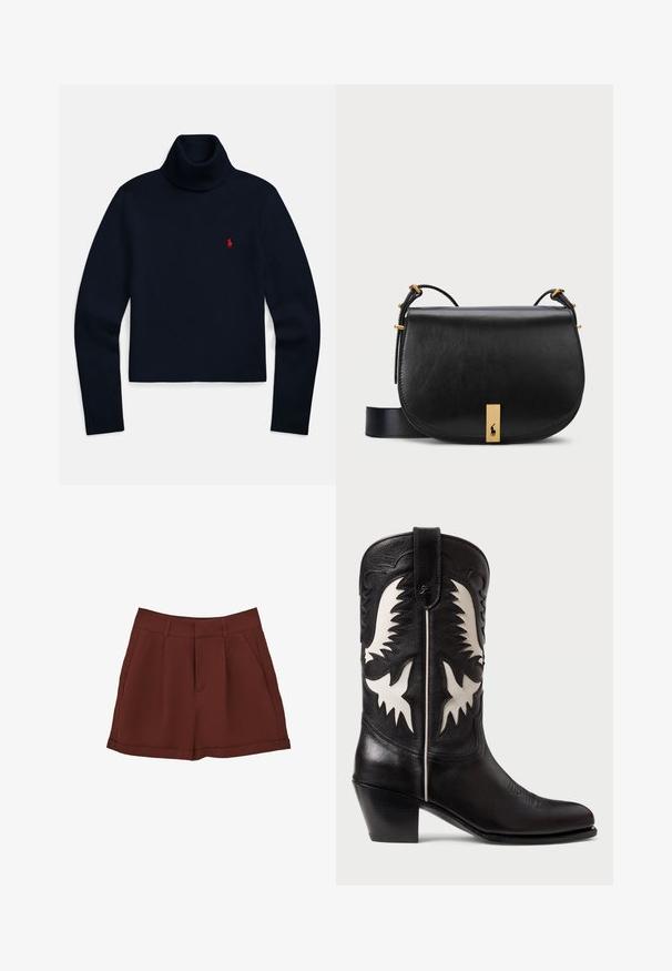 Granatowy, długi sweter z golfem i długim rękawem, z małym czerwonym haftowanym logo na lewej piersi.; Bordowe szorty wykonane z gładkiego materiału, charakteryzujące się klasycznym krojem z płaskim przodem, kieszeniami po bokach i wywiniętym brzegiem.; Czarne skórzane kowbojskie buty z białymi kątowymi akcentami, z dekoracyjnym przeszyciem, spiczastym noskiem i niskim, warstwowym obcasem.; Czarna skórzana torba na ramię z metalowym akcentem w złotym odcieniu i regulowanym paskiem, charakteryzująca się gładką teksturą i zaokrąglonym kształtem.