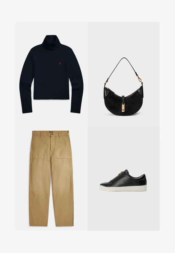 Dugi plavi pulover s rolkom dugih rukava s malim crvenim izvezenim logotipom na lijevoj strani prsa.; Maslinaste chinos hlače ravnog kroja, s dva bočna džepa, zatvaranjem na kopču i teksturiranim završetkom tkanine.; Crne kožne cipele bez vezica s podignutom šavom, srebrnim detaljem na gornjem dijelu i bijelom gumenom potplatom s urezanim brendiranjem.; Crna torba s zakrivljenim oblikom, napravljena od antilopa i kože, s zlatnim patentnim zatvaračem i detaljem s logotipom. Ima kratku ručku.