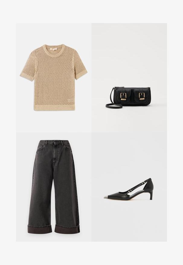 Kortærmet, strikket beige sweater med løs, åben vævning og ribbet rund halsudskæring. Har en lige kant og tekstureret mønster.; Sorte breddebenede jeans med opbøjede manchetter, frontlukning med knap og lynlås samt sidelommer og forlommer.; Sort læder kitten heel med spids sølvfarvet tåhætte og dobbelte spænderemme på hvid baggrund.; Sort læder crossbody taske med to frontlommer, guldspænder, lynlåslukning og en slank rem. Struktureret overflade og kompakt rektangulær form.