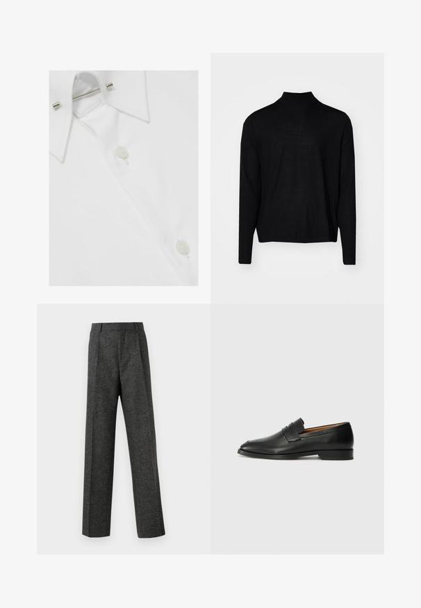 Maglione nero a maniche lunghe con colletto alto. Realizzato in tessuto morbido e liscio. Design semplice, senza motivi, presenta un orlo dritto.; Camicia da uomo in cotone bianco con colletto classico, chiusure a bottone e ferma colletto in metallo, che presenta una finitura liscia e strutturata.; Pantaloni grigi su misura realizzati in tessuto strutturato, con due pieghe frontali e un design a gamba dritta. Nessuna tasca o decorazione visibile.; Mocassino in pelle nera con punta arrotondata, dettagli cuciti sottili e tacco basso, caratterizzato da una texture liscia e un design minimalista.