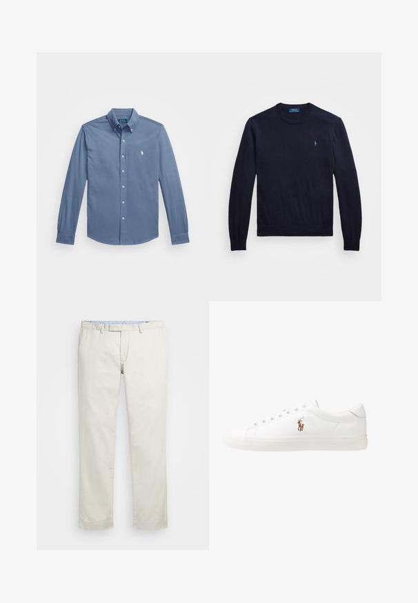 Námořnický modrý svetr s dlouhým rukávem z měkké pleteniny, s kulatým výstřihem a malým vyšívaným logem na levé hrudi.; Košile na knoflíky v světle modré barvě, bavlněný materiál, dlouhé rukávy s knoflíkovými manžetami, klasický límec a výšivka loga na hrudi.; Béžové bavlněné chinos kalhoty s plochým předním dílem, poutky na opasek a bočními kapsami. Rovný střih s hladkou texturou a lehkým, prodyšným pocitem.; Bílé kožené tenisky, nízký střih, s hladkým povrchem, kulatou špičkou, šněrováním v přední části a malým vyšitým logem na boku.