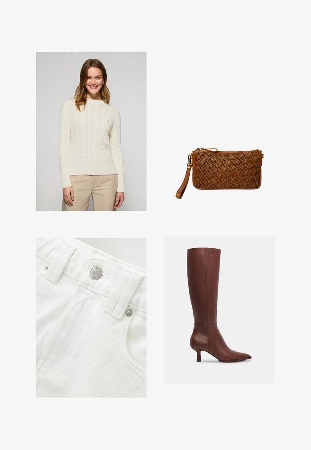Suéter crema de punto cableado con dobladillo y puños de canalé. Textura suave, cuello redondo, presenta un pequeño logo bordado en el pecho.; Camisa de botones rosa claro de manga larga, con cuello puntiagudo y un pequeño logo azul marino en el pecho. Hecha de algodón con una textura suave.; Pantalones cortos de mezclilla blanca con una pretina estructurada, detalle de botón plateado y tejido texturizado. Presenta bolsillos frontales y costuras cuidadas.; Bota de cuero marrón de caña alta con punta afilada y tacón cónico. Textura suave sin patrones visibles ni acentos de metal.; Cartera de muñeca de cuero marrón con textura trenzada, cierre de cremallera y correa desmontable sobre un fondo blanco.