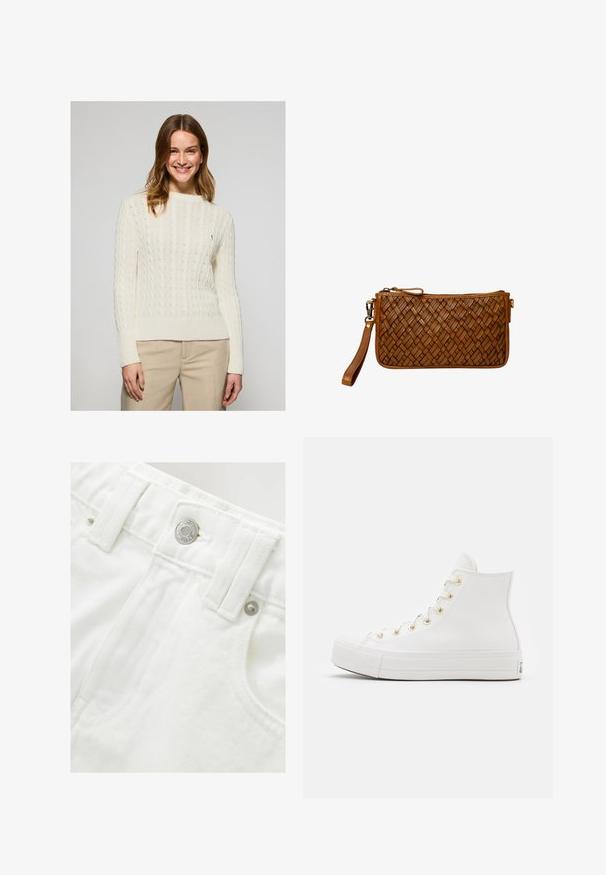 Maglione crema a trecce con orlo e polsini a coste. Tessuto morbido, scollatura rotonda, con un piccolo logo ricamato sul petto.; Camicia button-up rosa chiaro con maniche lunghe, colletto a punta e un piccolo logo blu navy sul petto. Realizzata in cotone con una texture liscia.; Shorts in denim bianco con vita strutturata, dettaglio del bottone argentato e tessuto testurizzato. Presentano tasche frontali e una cucitura ordinata.; Sneaker alte bianche realizzate in pelle liscia con occhielli dorati, punta rotonda, suola texturizzata e logo sul tallone.; Clutch da polso in pelle marrone con texture intrecciata, chiusura con zip e tracolla staccabile su sfondo bianco.