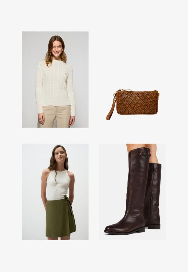 Maglione crema a trecce con orlo e polsini a coste. Tessuto morbido, scollatura rotonda, con un piccolo logo ricamato sul petto.; Camicia button-up rosa chiaro con maniche lunghe, colletto a punta e un piccolo logo blu navy sul petto. Realizzata in cotone con una texture liscia.; Top a spalla bianco a costine abbinato a una gonna avvolgente verde oliva lunga fino al ginocchio con un nodo in vita. Tessuto morbido e leggero.; Stivali alti in pelle marrone, con punta tonda, zip laterale e un piccolo dettaglio con fibbia in cima, caratterizzati da una texture liscia.; Clutch da polso in pelle marrone con texture intrecciata, chiusura con zip e tracolla staccabile su sfondo bianco.