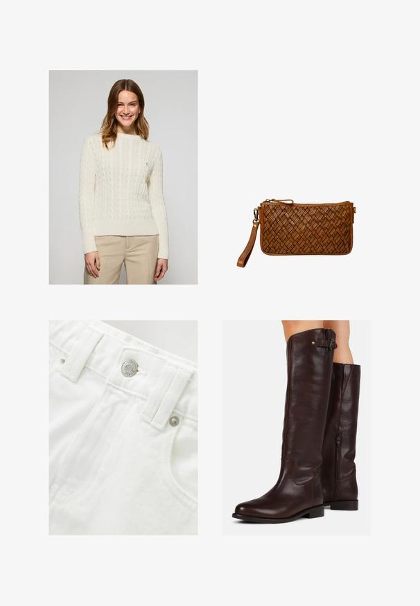 Romige kabelgebreide trui met geribde zoom en manchetten. Zachte textuur, ronde halslijn, voorzien van een klein geborduurd logo op de borst.; Lichtroze overhemd met lange mouwen, een spitse kraag en een klein navy logo op de borst. Gemaakt van katoen met een soepele textuur.; Witte denimshorts met een gestructureerde tailleband, zilveren knoopdetail en textuurstof. Voorzien van voorzakken en net afgewerkte stiksels.; Kastanjebruine leren kniehoge laarzen met een ronde neus, een ritssluiting aan de zijkant en een klein gespdetail aan de bovenkant, met een gladde textuur.; Bruine leren polsclutch met gevlochten textuur, ritsluiting en afneembare band op een witte achtergrond.