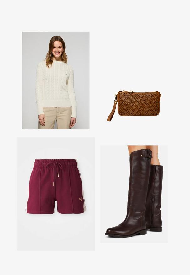 Romige kabelgebreide trui met geribde zoom en manchetten. Zachte textuur, ronde halslijn, voorzien van een klein geborduurd logo op de borst.; Lichtroze overhemd met lange mouwen, een spitse kraag en een klein navy logo op de borst. Gemaakt van katoen met een soepele textuur.; Bordeaux sportieve shorts van een textiele stof, met een elastische tailleband, een trekkoord en crèmekleurige zijpanelen met een gouden logodetail.; Kastanjebruine leren kniehoge laarzen met een ronde neus, een ritssluiting aan de zijkant en een klein gespdetail aan de bovenkant, met een gladde textuur.; Bruine leren polsclutch met gevlochten textuur, ritsluiting en afneembare band op een witte achtergrond.