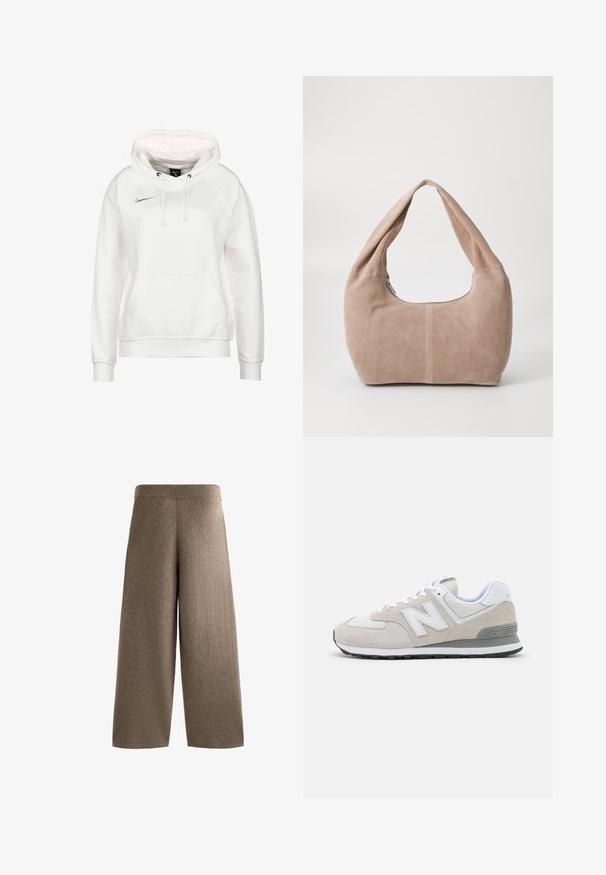 Weißer Nike Hoodie mit einer frontalen Kängurutasche, verstellbaren Kordeln und einem kleinen silbernen Logo auf der Brust. Weicher Stoff und gerippte Bündchen.; Weite Hosen aus weichem, braunem Stoff mit einem hohen elastischen Bund, die eine glatte Textur aufweisen und keine sichtbaren Beschläge oder Muster haben.; Helle beigen Sneakers aus einer Kombination von Wildleder und Mesh-Materialien. Das Design umfasst ein hervorgehobenes weißes Logo und graue Akzente. Gummisohle.; Hobo-Tasche aus weichem Wildledermaterial in einem hellen Beigeton. Verfügt über eine runde Form, einen breiten Riemen und einen Reißverschluss.