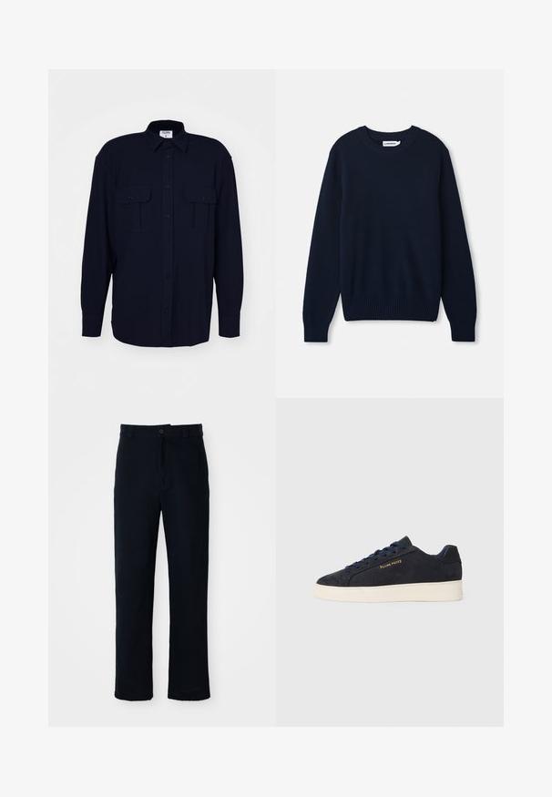 Sotilas sininen neulepaita, jossa on pyöreä kaula-aukko, pitkät hihat sekä ribbineuleiset hihansuut ja helma. Kankaan pinnassa on tekstuuroitu kuvio.; Filippa K RELAXED PATCH POCKET SHIRT - Vapaa-ajan kauluspaita - navy; Tummansinisiä puuvillapantaloonia, joissa on suora lahjemuotoilu, etupainikekiinnitys ja klassinen vyötärö vyölenkeillä.; Navy sinivuori matalavartiset tennarit valkoisella pohjalla, laivastonsiniset nauhat ja "Filling Pieces" -logo kullassa sivussa.