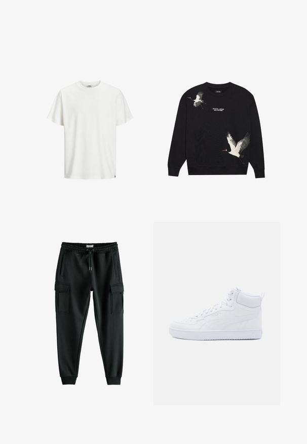 Schwarzer Sweatshirt mit zwei weißen Kranichen im Flug und roten Akzenten. Text mit der Aufschrift "KYOTO, JAPAN" unter dem Design gedruckt.; Weiße Baumwoll-T-Shirt mit klassischem Rundhalsausschnitt, kurzen Ärmeln und geradem Saum. Bemerkenswert für sein einfaches Design und die weiche Textur.; Schwarze Sweatpants aus weichem Stoff, mit einem elastischen Bund und Kordelzug, zwei seitlichen Taschen und zwei Taschen im Cargo-Stil.; Weiße hohe Sneaker aus Leder mit glatter Textur, durchlöchertem Zehenbereich und gepolstertem Schaft, versehen mit passenden Schnürsenkeln und Branding.