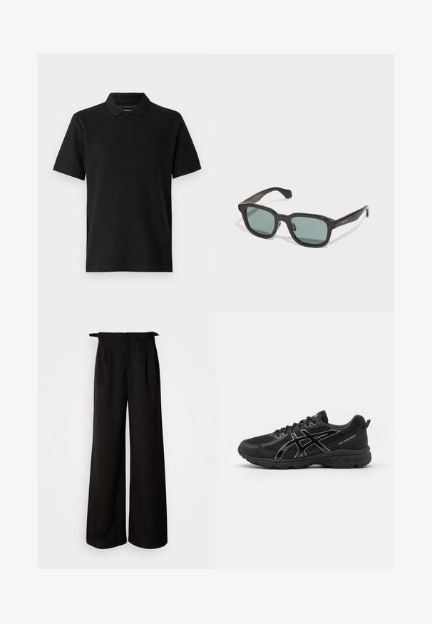 Jersey de punto negro de mangas largas con cuello redondo, puños y dobladillo acanalados, colocado sobre una superficie clara.; Camisa polo negra de algodón, con mangas cortas, cuello clásico y tapeta de tres botones. Tejido texturizado con un acabado suave.; Pantalones de pierna ancha negros con una cinturilla alta, con pliegues y lazos a los lados, hechos de una tela suave y estructurada.; Zapatillas deportivas negras con parte superior de malla, acentos sintéticos, detalles reflectantes, suela acolchada y banda de rodadura texturizada para agarre.; Gafas de sol rectangulares negras con lentes verdes, que presentan un acabado brillante y una sutil marca dorada en la patilla.; Bolso tote de cuero negro y liso con dos asas, forma rectangular y detalles de costura sutiles sobre un fondo blanco.