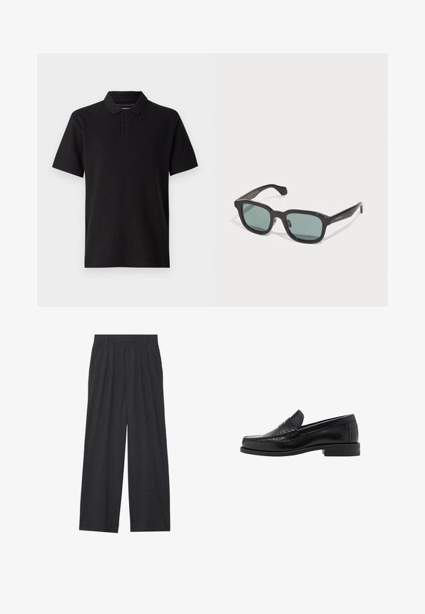 Zwarte lange mouw gebreide trui met ronde hals, geribbelde manchetten en zoom, plat gelegd op een lichte achtergrond.; Zwarte poloshirt van katoen, met korte mouwen, een klassieke kraag en een drie-knops sluiting. Gestructureerde stof met een gladde afwerking.; Wijd-uitlopende broeken van donkergrijze stof. Kenmerken zijn plooien bij de taille, een tailor-made ontwerp en een rechte silhouet.; Zwarte leren instappers met een gladde afwerking, gestikte details op de neus en een lage hakontwerp voor comfort en stijl.; Zwarte rechthoekige zonnebril met groene lenzen, met een glanzende afwerking en subtiele gouden branding op de poot.; Zwarte gladde leren tote bag met twee schouderbanden, rechthoekige vorm en subtiele stikdetails op een witte achtergrond.