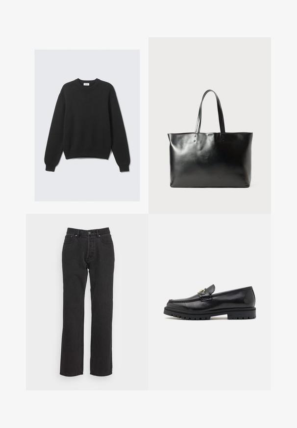 Fekete, hosszú ujjú kötött pulóver kerek nyakkal, bordázott mandzsettákkal és szegéllyel, világos háttérre fektetve.; Fekete farmernadrág egyenes szárú szabással, elöl gombos záródással, övhurkokkal és két oldalsó zsebből áll. Textúrás anyag.; Fekete bőr loffer cipők sima felülettel, kerek orral, díszítő pánttal arany színű fémrészekkel és masszív fekete talppal.; Fekete, sima bőr női táska két állítható vállpánttal, téglalap alakú, finom varrási részletekkel, fehér háttér előtt.
