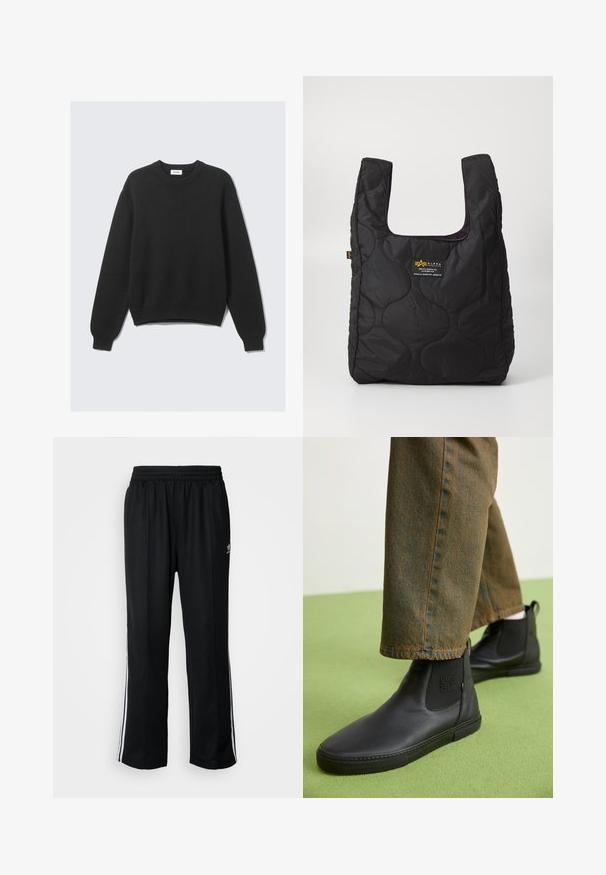 Black long-sleeve knit sweater with crew neck, ribbed cuffs, and hem, laid flat against a light background.; Black athletic pants with an elastic waistband, featuring white side stripes and a small logo. Material appears soft and lightweight.; Black leather ankle boots with elastic side panels, matte finish, rounded toe, and a textured logo detail on the side, paired with brown jeans.; Black quilted tote bag with a large opening, curved shapes on the surface, and a label featuring yellow and white text on the front.