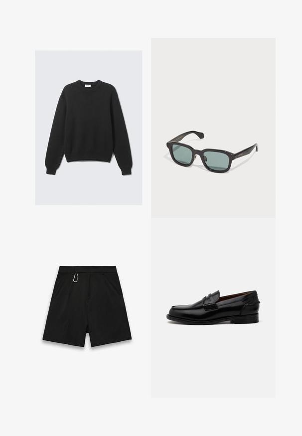 Fekete, hosszú ujjú kötött pulóver kerek nyakkal, bordázott mandzsettákkal és szegéllyel, világos háttérre fektetve.; Fekete, textúrált anyagból készült, egyenes szárú sort, övhurkkal és fém karabinerrel mintás részletként.; Fekete bőr loaferek, enyhén megnyújtott formával, varrott részletekkel és kis sarkukkal. Simább, fényes felület.; Fekete téglalap alakú napszemüveg zöld lencsékkel, fényes bevonattal és diszkrét arany logóval a szárán.; Fekete, sima bőr női táska két állítható vállpánttal, téglalap alakú, finom varrási részletekkel, fehér háttér előtt.
