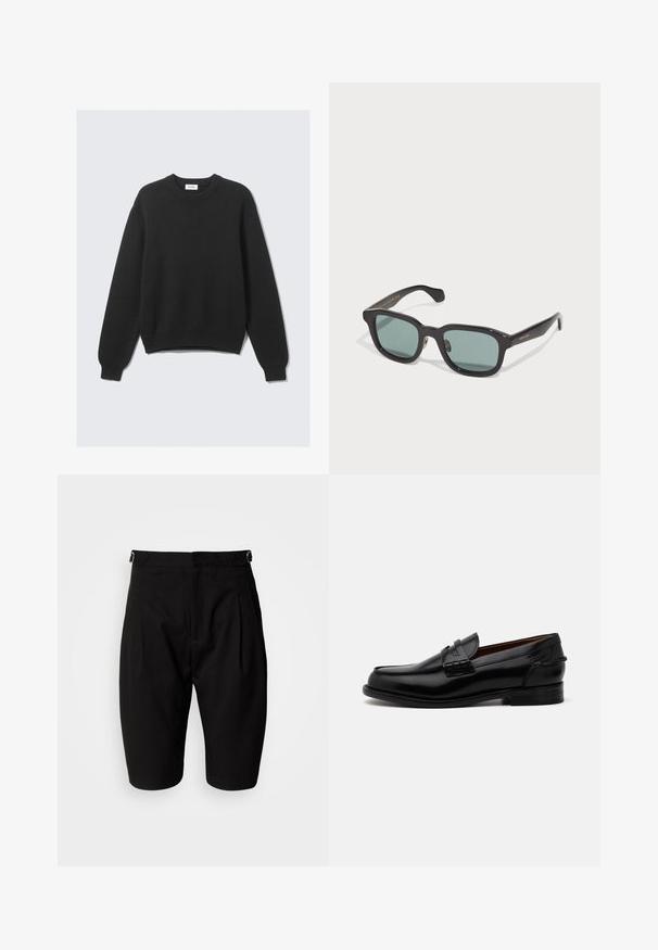 Črna dolgoročnostna pletena jopica z okroglo ovratnikom, rebrastimi manšetami in robom, ležala raztegnjena na svetli podlagi.; Črne kratke hlače iz gladkega blaga, s plisiranim sprednjim delom, pasom za pas in krojem, ki je prilagojen s ravnim rezom nad kolenom.; Črne usnjene mokasine z nekoliko podaljšano obliko, ki vsebujejo šivane detajle in majhen peto. Gladek, sijajen zaključek.; Črna pravokotna sončna očala z zelenimi lečami, z lesketajočo se površino in subtilnim zlatim brandiranjem na ročaju.; Črna gladka usnjena torba s pletenicama, pravokotne oblike in subtilnimi šivi na belem ozadju.
