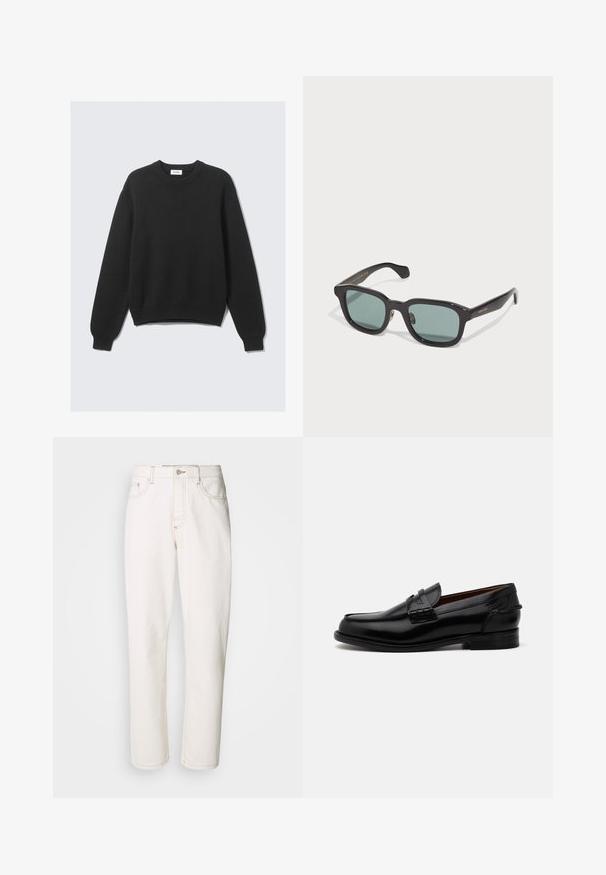 Juodas ilgo rankovės mezginys su apvalia kaklo iškirpte, raukšlėtomis rankogalių ir apykaklės detalėmis, išdėstytas ant šviesaus fono.; Balti džinsai su tiesiu kojų kirpimu, pasižymintys siūlėmis, metaliniu mygtuko uždarymu ir standartiniu penkių kišenių konstrukcija.; Juodos odinės loafer'iai šiek tiek pailga forma, su siuvinėjimu ir mažu kulniuku. Švelnus, blizgus paviršius.; Juodos stačiakampės saulės akinių su žaliais lęšiais, turinčiais blizgią apdailą ir subtilų auksinį ženklą ant smilkinių.; Juodas lygus odinis rankinukas su dviem petnešomis, stačiakampio formos, su subtiliomis siūlėmis ant balto fono.
