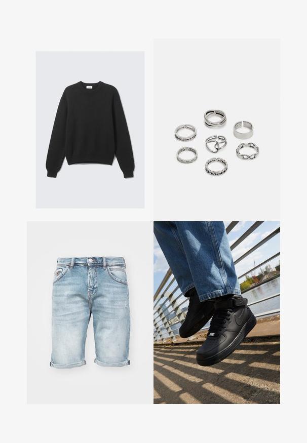 Črna dolgoročnostna pletena jopica z okroglo ovratnikom, rebrastimi manšetami in robom, ležala raztegnjena na svetli podlagi.; Svijetloplave traper šorts hlače s izblijedjelim završetkom, savijeni rubovi, pet džepova i metalno kopčanje, s blagim izbijeljenjem.; Črne Nike Air Force 1 teniske z usnjenim zgornjim delom, mrežastim jezikom in gumijastim podplatom, s posebno visoko zasnovo in debelimi vezalkami.; Set sedmih srebrnih prstanov z različnimi oblikami, vključno s prepletenimi, povezanimi in graviranimi motivi. Različne oblike in širine.